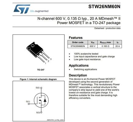 N-채널 600V, 0.065 Ω typ., 40A 전력 MOSFET TO-247 패키지 STW48N60DM2 필드 효과 트랜지스터